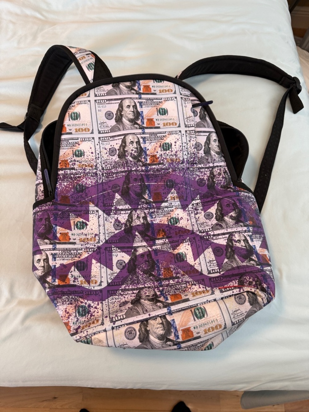 Graphic Money-Print Purple Accent Backpack